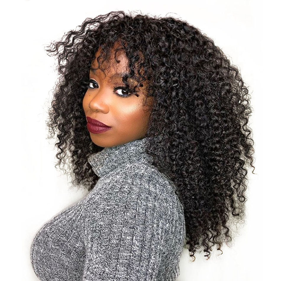 Mongolian Kinky Curly Full Lace Wigs Human Hair No Glue No Hair Out