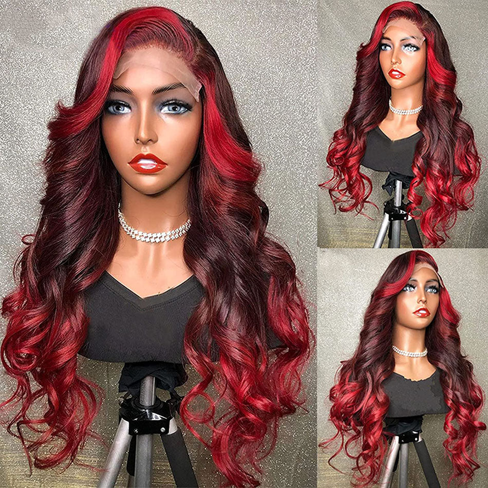 99J Red Body Wave Highlight Lace Closure Wigs For Women Colored Human