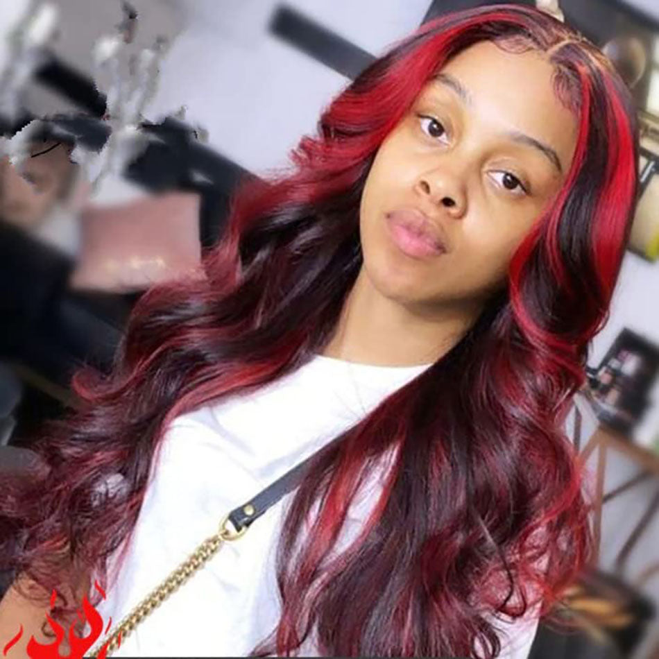 99J Red Body Wave Highlight Lace Closure Wigs For Women Colored Human