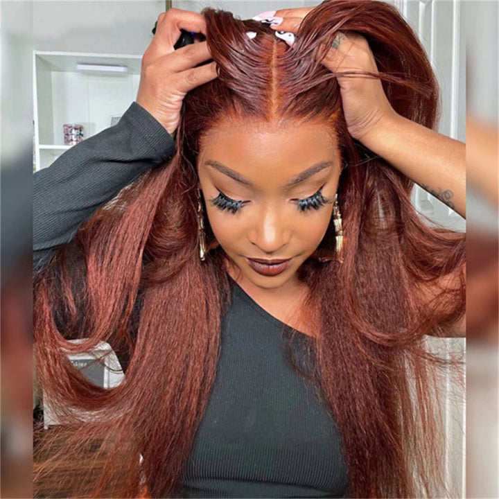 Yaki Straight Color Ginger Lace Closure Human Wig 180% Density display picture 1